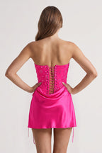 Pink Sweetheart Sheath Corset Ruched Satin Homecoming Dress with Beading