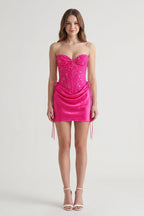 Pink Sweetheart Sheath Corset Ruched Satin Homecoming Dress with Beading