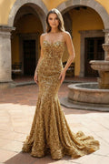 Nerissa Sol Gold front view prom dress