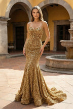 Nerissa Sol Gold front view prom dress