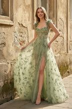 A-line Butterfly Lace Lilac Corset Formal Prom Gown with Slit
