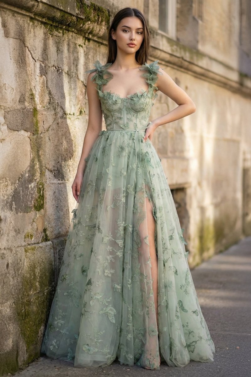 A-line Butterfly Lace Lilac Corset Formal Prom Gown with Slit