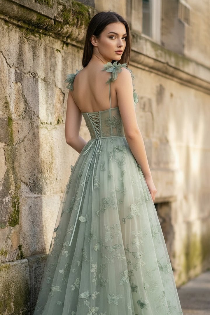 A-line Butterfly Lace Lilac Corset Formal Prom Gown with Slit