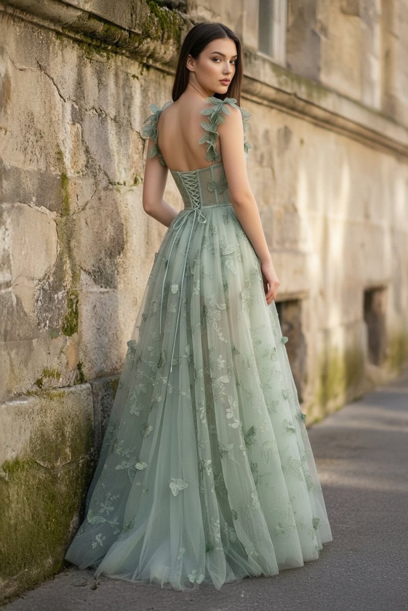 A-line Butterfly Lace Lilac Corset Formal Prom Gown with Slit