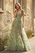 A-line Butterfly Lace Lilac Corset Formal Prom Gown with Slit