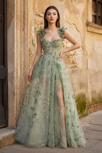 A-line Butterfly Lace Lilac Corset Formal Prom Gown with Slit