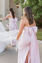 Blush Satin Sheath Bridesmaid Dress with Strapless Neckline and Pleated Detail