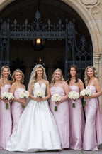 Blush Satin Sheath Bridesmaid Dress with Strapless Neckline and Pleated Detail