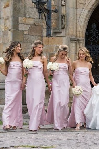 Blush Satin Sheath Bridesmaid Dress with Strapless Neckline and Pleated Detail