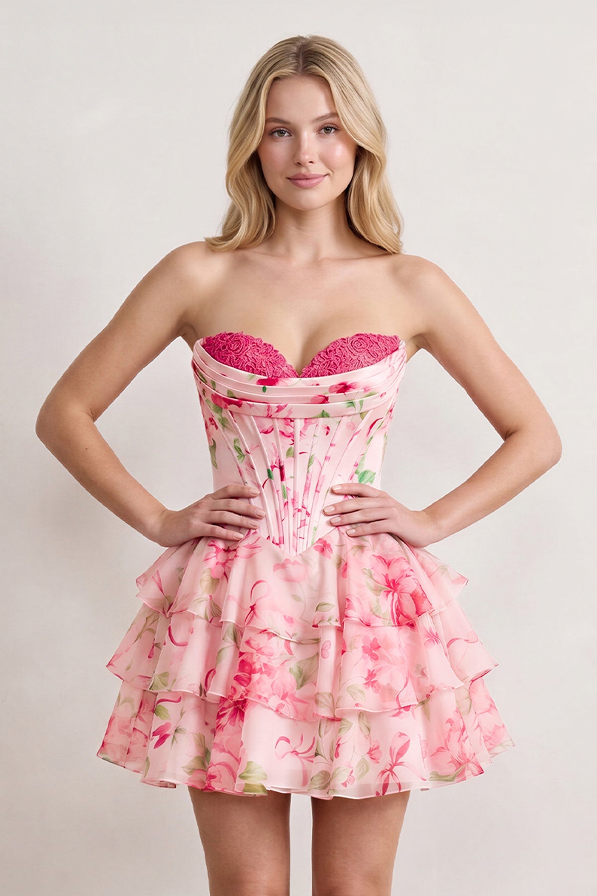 Sky Blue A Line Sweetheart Floral Chiffon Corset Ruffled Homecoming Dresses