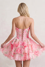 Sky Blue A Line Sweetheart Floral Chiffon Corset Ruffled Homecoming Dresses