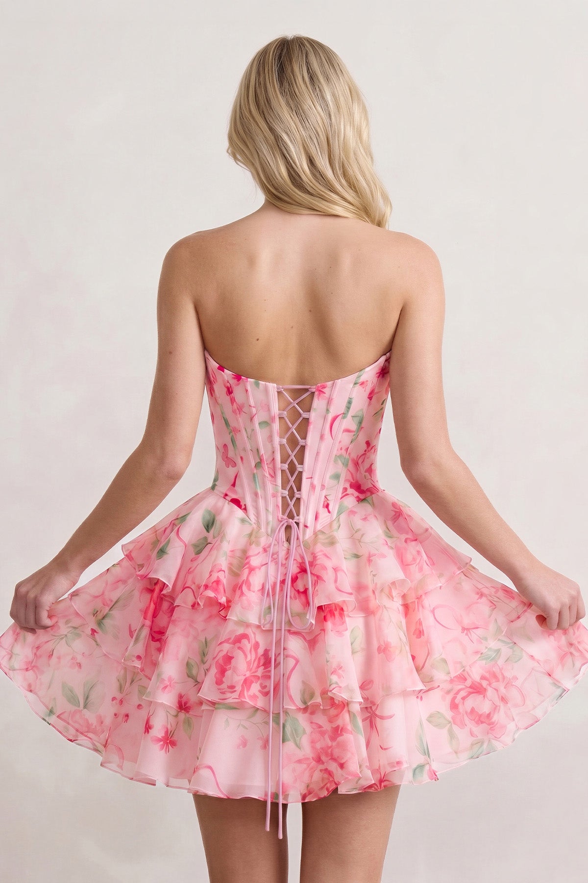 Sky Blue A Line Sweetheart Floral Chiffon Corset Ruffled Homecoming Dresses