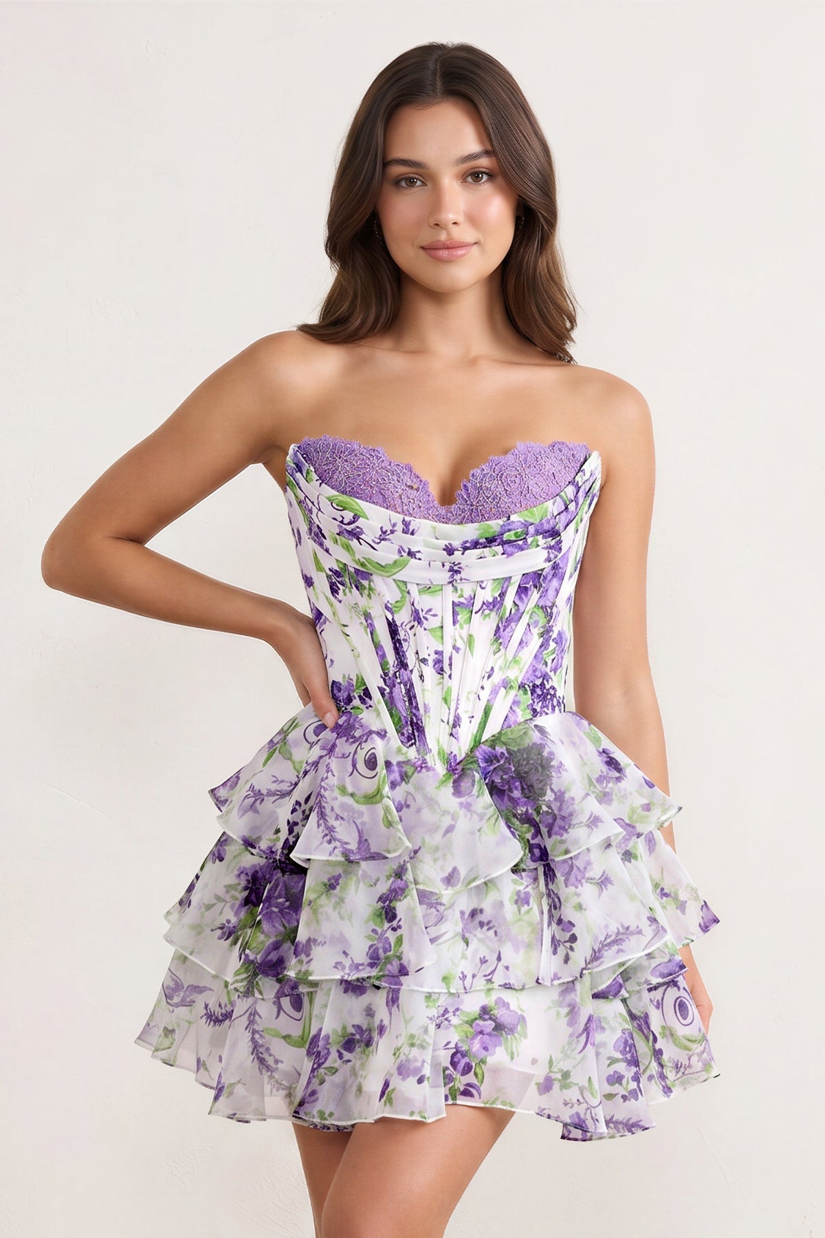 Sky Blue A Line Sweetheart Floral Chiffon Corset Ruffled Homecoming Dresses