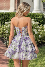 Sky Blue A Line Sweetheart Floral Chiffon Corset Ruffled Homecoming Dresses