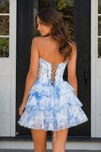 Sky Blue A Line Sweetheart Floral Chiffon Corset Ruffled Homecoming Dresses