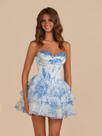 Sky Blue A Line Sweetheart Floral Chiffon Corset Ruffled Homecoming Dresses