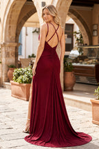 Burgundy Mermaid Evening Dress with V-Neck Neckline and Slit