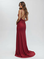 Burgundy Mermaid Evening Dress with V-Neck Neckline and Slit