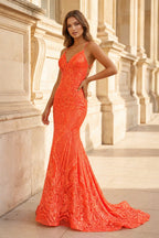 Demetria Orange front view evening dress