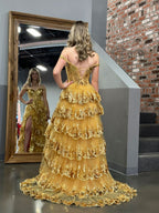 A-Line Lace Off-the-Shoulder Tiered Long Formal Prom Gown with Slit