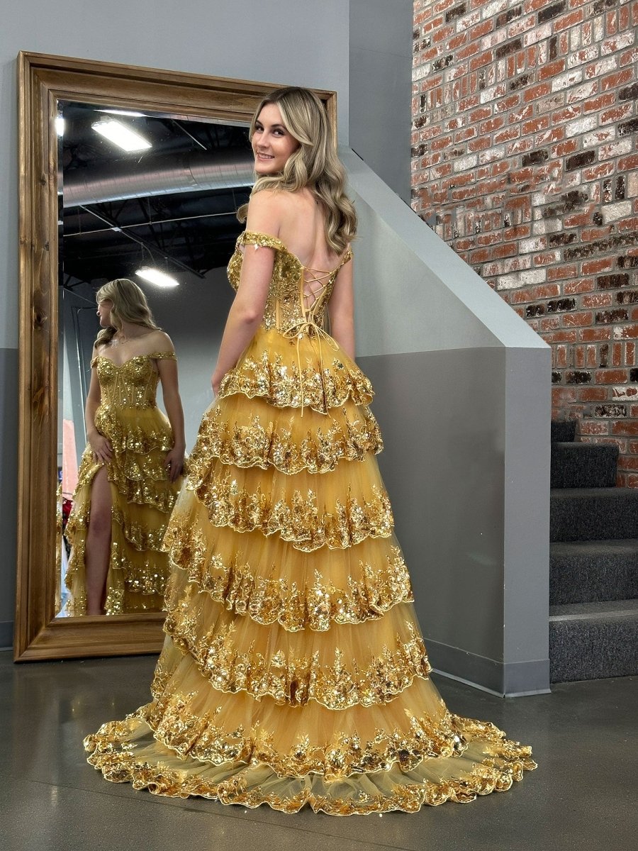 A-Line Lace Off-the-Shoulder Tiered Long Formal Prom Gown with Slit