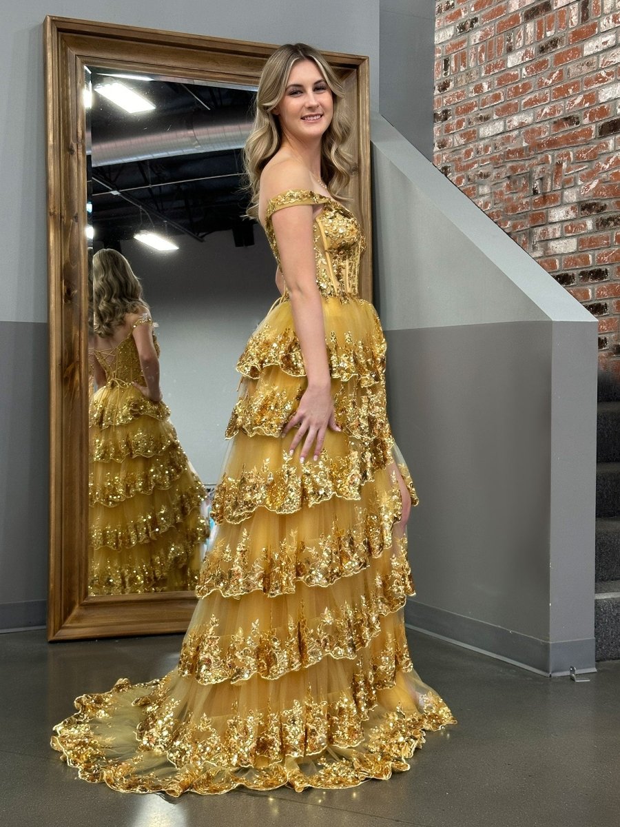 A-Line Lace Off-the-Shoulder Tiered Long Formal Prom Gown with Slit