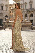 Gold Sequins Mermaid Evening Dress with Strapless Neckline and Sequins
