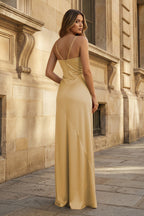 Yellow Satin Sheath Evening Dress with Sweetheart Neckline and Slit