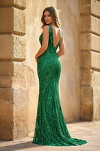 Tessa Maren Hunter Green back view prom dress