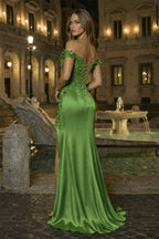 Burgundy Off The Shoulder Mermaid Beaded Satin Long Formal Prom Gown With Appliques