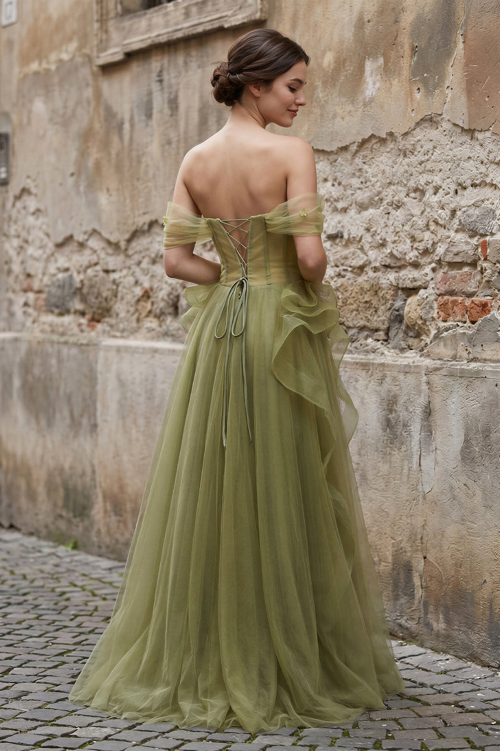 Green Tulle Lace Long Formal Prom Gown with Corset, Green Formal Party Dress