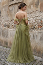 Green Tulle Lace Long Formal Prom Gown with Corset, Green Formal Party Dress