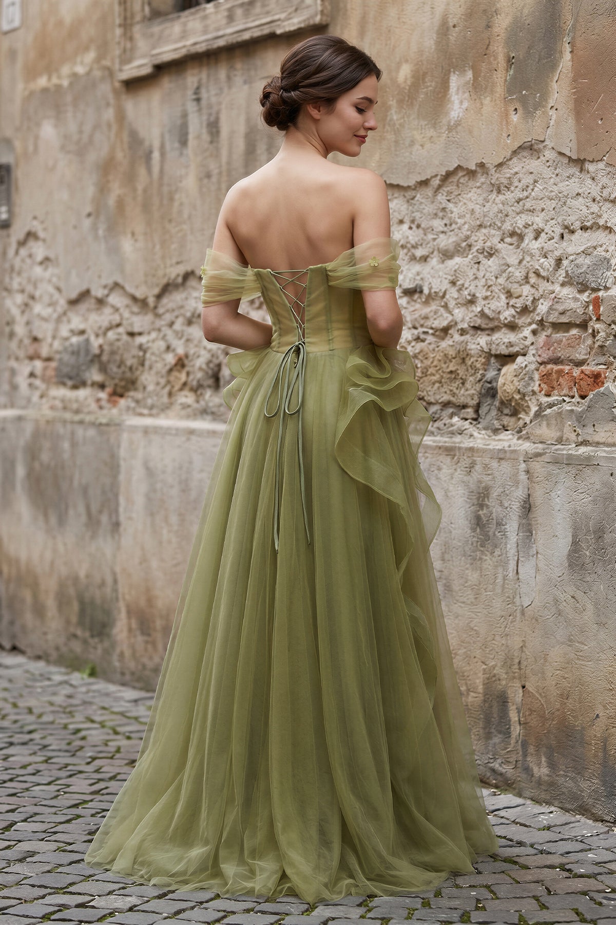 Green Tulle Lace Long Formal Prom Gown with Corset, Green Formal Party Dress