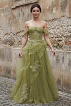 Green Tulle Lace Long Formal Prom Gown with Corset, Green Formal Party Dress