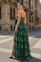 Sweetheart Light Blue Lace Appliques Ruffle Long Formal Gown