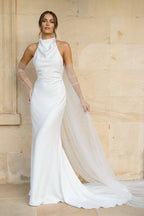 Diamond White Satin Mermaid Wedding Dress with Halter Neckline and Sweep Train