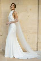 Diamond White Satin Mermaid Wedding Dress with Halter Neckline and Sweep Train