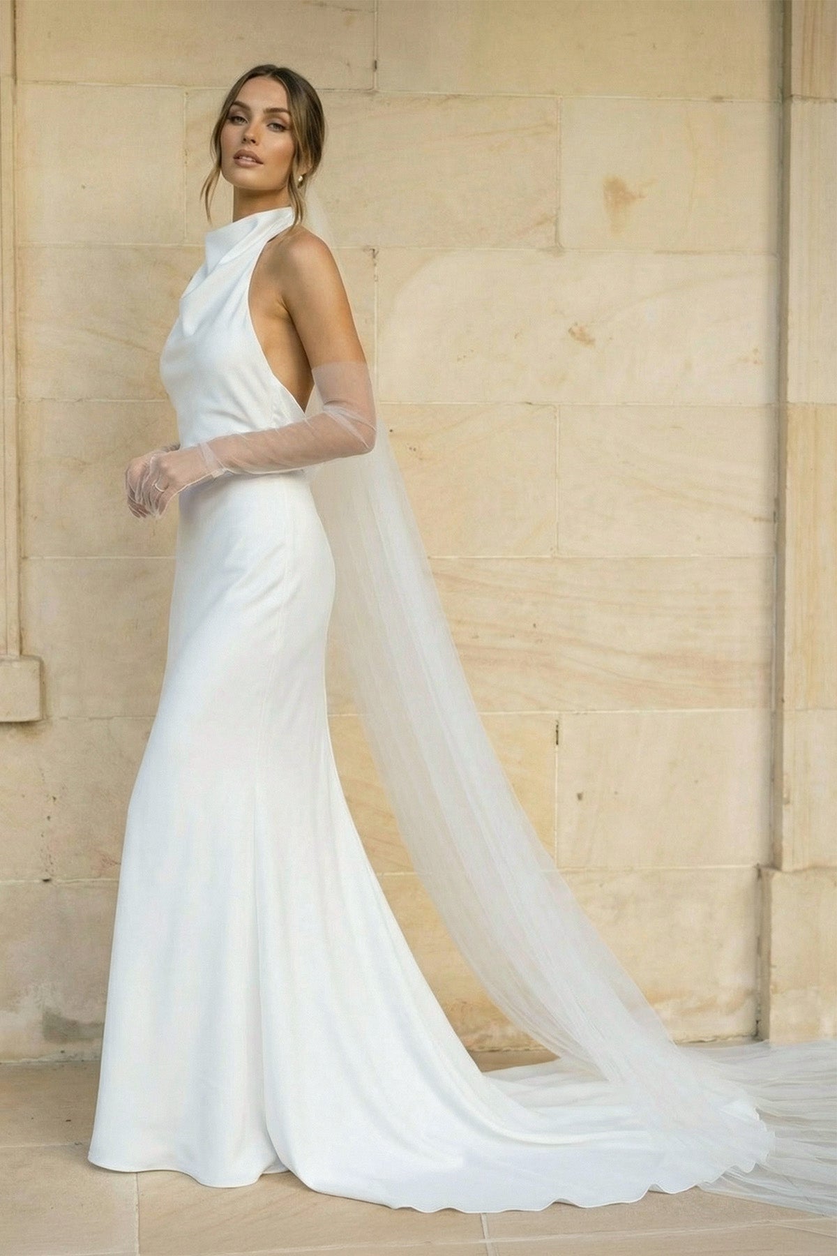 Diamond White Satin Mermaid Wedding Dress with Halter Neckline and Sweep Train