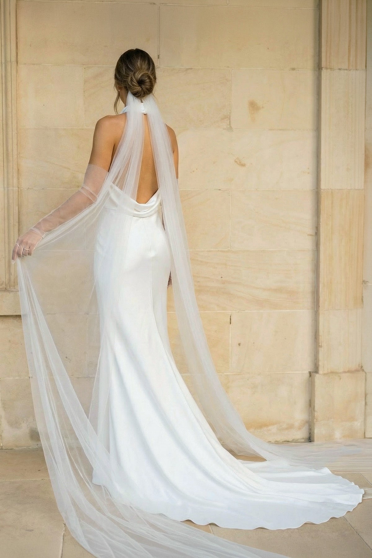 Diamond White Satin Mermaid Wedding Dress with Halter Neckline and Sweep Train
