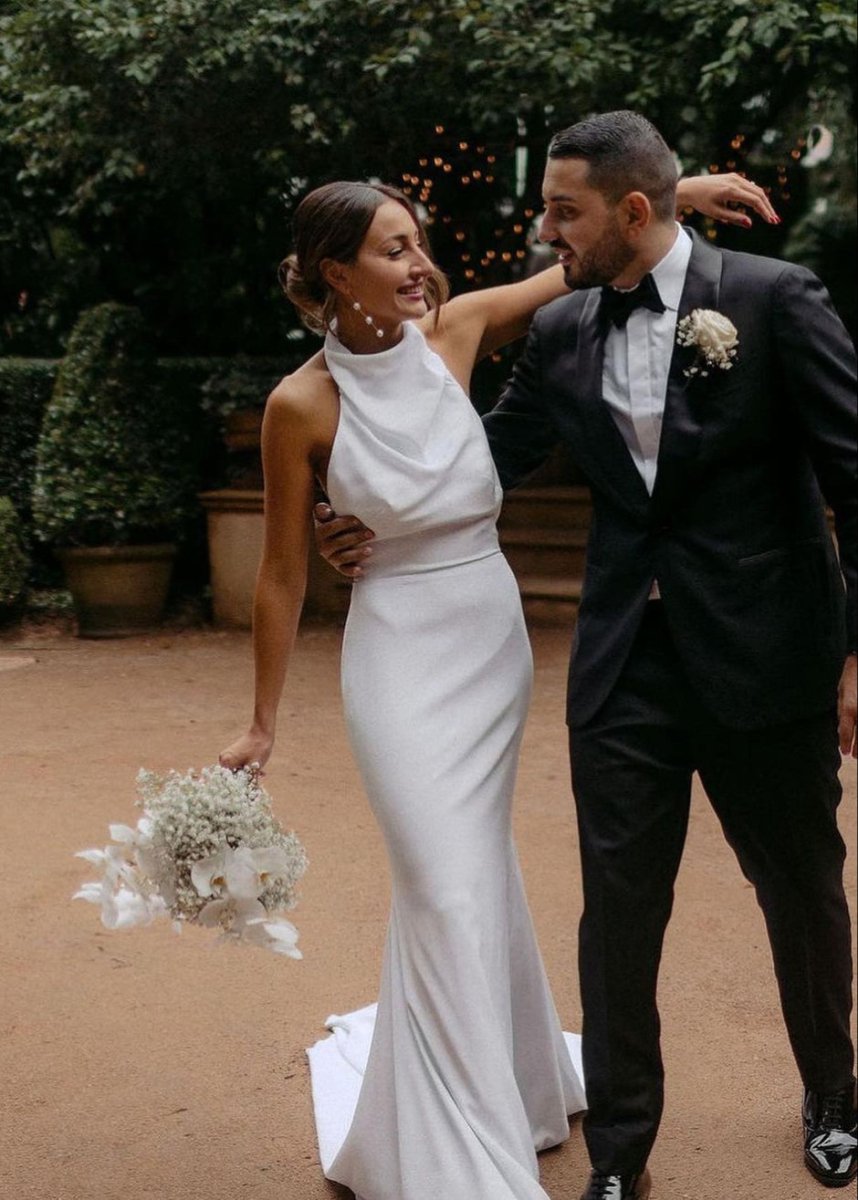 Diamond White Satin Mermaid Wedding Dress with Halter Neckline and Sweep Train