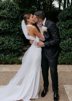 Diamond White Satin Mermaid Wedding Dress with Halter Neckline and Sweep Train