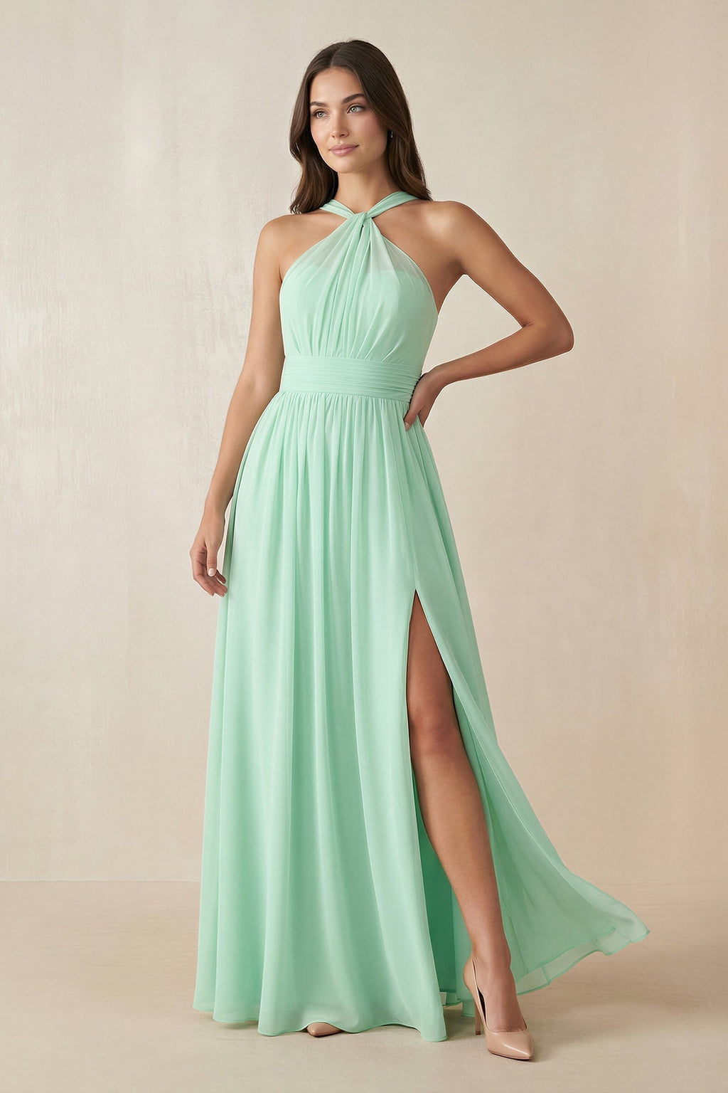 As Picture Chiffon A-Line Bridesmaid Dress with Halter Neckline