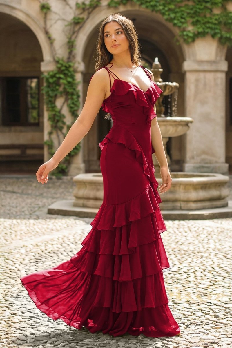 Galatea Burgundy front view prom dress