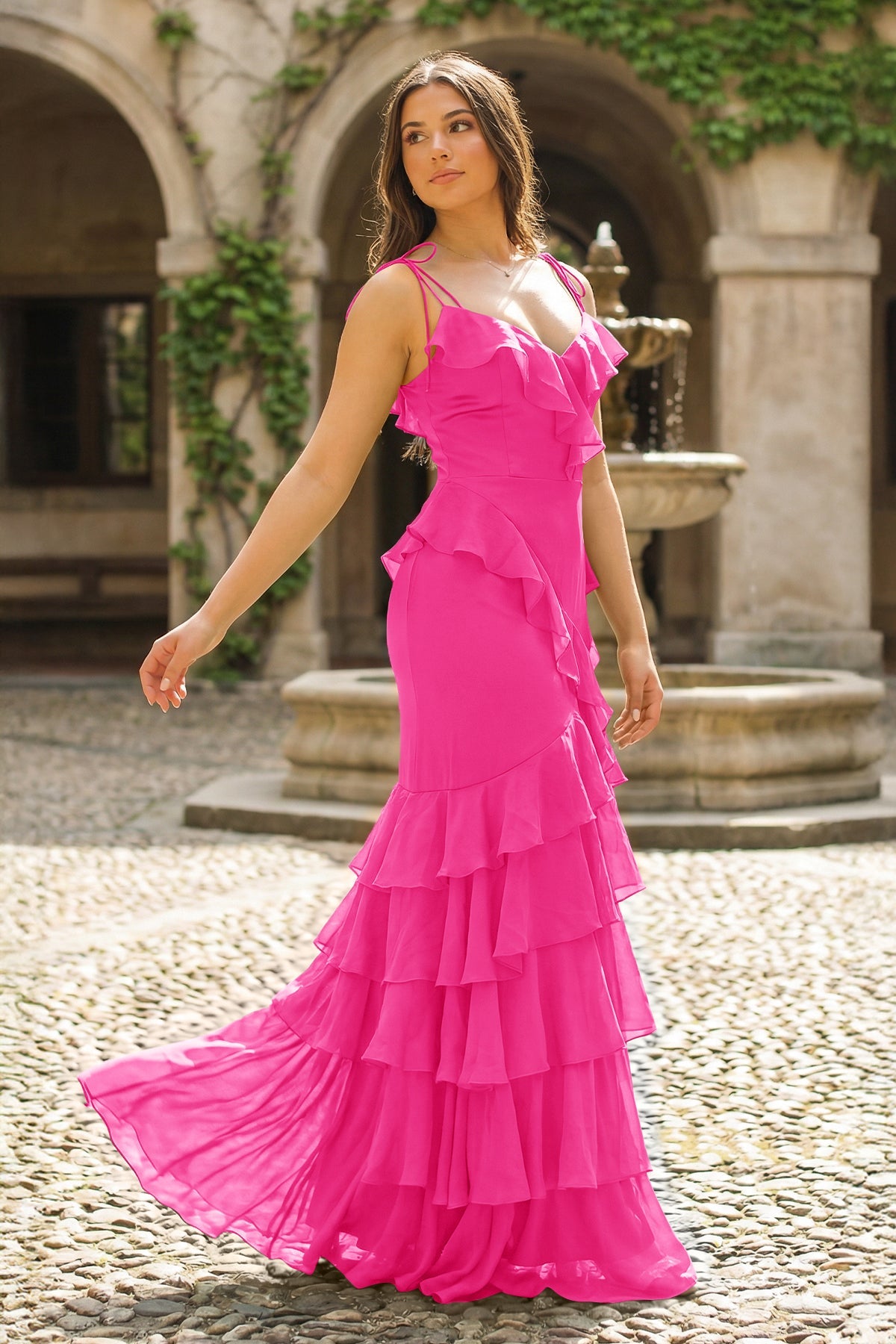 Galatea Hot Pink front view prom dress