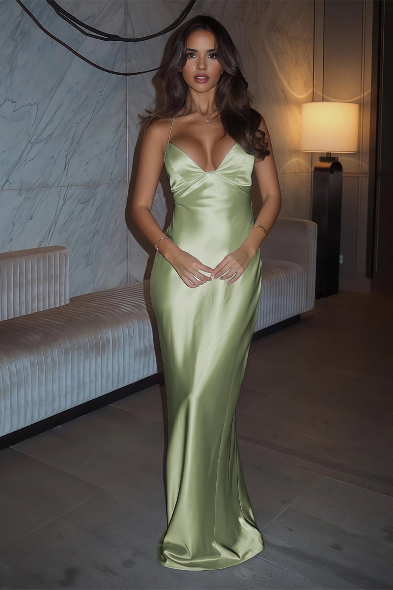 Wilhelmina Sage Green front view evening dress