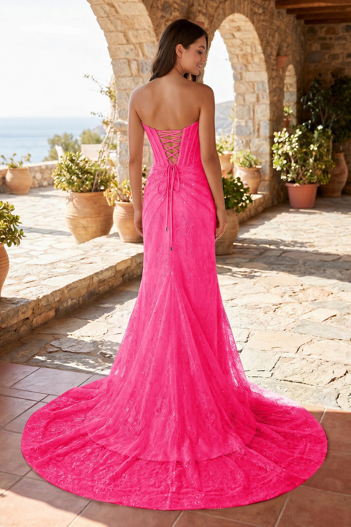 Lavender Lace Mermaid Evening Dress with Strapless Neckline and Slit