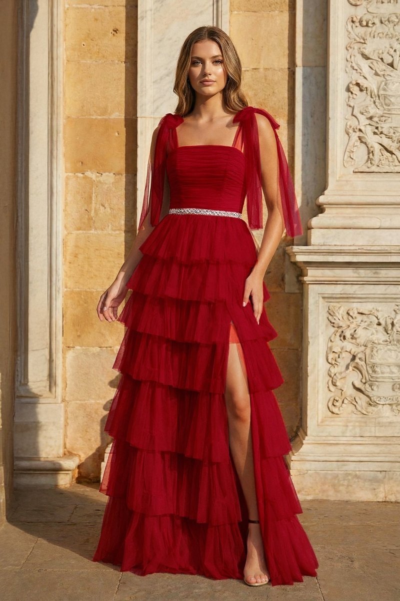 Sidonie Burgundy front view prom dress