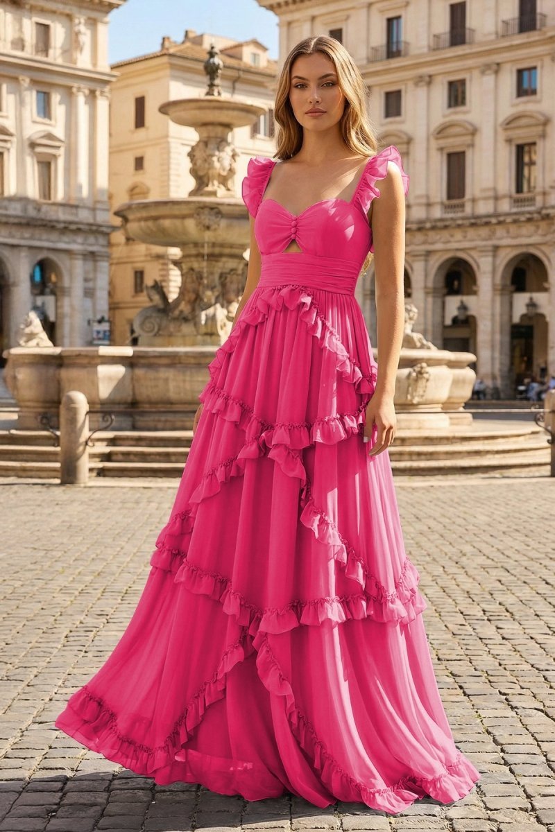 A-Line Straps Sky Blue Chiffon Ruffles Long Formal Prom Gown