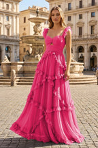 A-Line Straps Sky Blue Chiffon Ruffles Long Formal Prom Gown