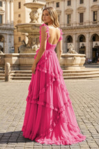 A-Line Straps Sky Blue Chiffon Ruffles Long Formal Prom Gown